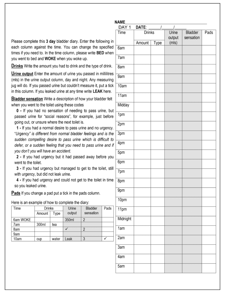 Simple Printable Bladder Diary